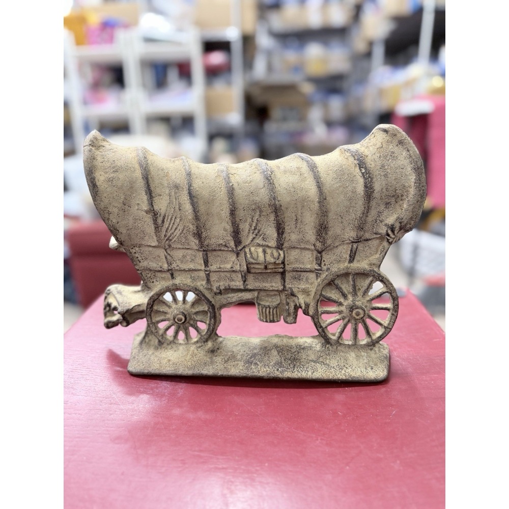 Antique Vintage Heavy Cast Iron Door Stop Old West Covered Carriage Wagon 12"W